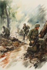 Fototapeta premium World war II battle scene illustration. AI Generative Art.