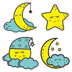 Sleeping Moon on a cloud set, color vector illustration in cartoon style