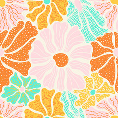 Seamless pattern with colorful retro groovy flowers. Summer simple abstract design in naive art style . 60s vintage style plants. Colorful psychedelic background. Vector textured illustration