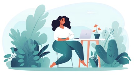 A beautiful plus size woman engages in work on a laptop, exuding confidence and power, underscoring the concepts of body positivity and diversity in the modern workspace. Generative AI