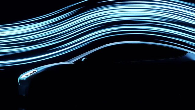 Electric vehicle aerodynamics test in wind tunnel, modern concept car engineering design for better speed performance, automotive physics smoke flow laboratory 3d