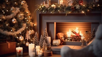 Fototapeta na wymiar warm and cozy home interior with Christmas decorations, such as a fireplace, stockings and a Christmas tree