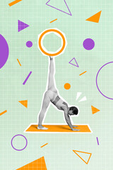 Vertical collage image of black white effect girl stand fitness carpet stretch leg hold ring isolated on drawing background