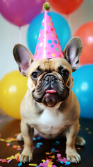 French bulldog wearing a party hat. Generative ai