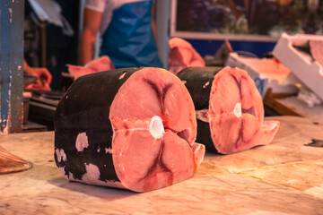 Pieces of tuna at the fish market in Palermo Italy