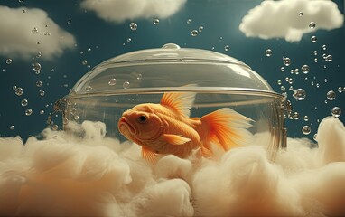 A gold fish with human swimming in a bathtub filled with clouds. - obrazy, fototapety, plakaty