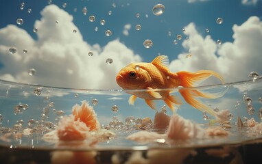 A gold fish with human swimming in a bathtub filled with clouds. - obrazy, fototapety, plakaty
