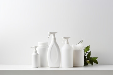 White bathroom products with greenery on white background. Blank label for branding mockup and product presentation. Natural cosmetic skincare beauty and body care product concept.