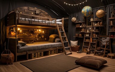 A boy bedroom with an airstream bed and camping theme.