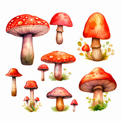 mushrooms set watercolor on a white background created with Generative Ai