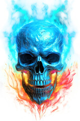 Bright Blue Flame Skull Fire Clipart PNG Sublimation isolated on Transparent Background.