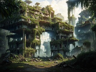 Obraz premium Post-apocalyptic world overrun by nature, where ruins are entwined with lush vegetation - AI Generated