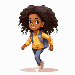 simple cartoon clipart black african american girl student child going to school white background