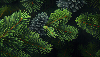 Naklejka na ściany i meble Beautiful seamless pattern with fir tree branches, coniferous forest endless texture. Evergreen nature background. Christmas or new year backdrop Ai generated image