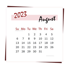 Calendar 2023. For month of august. Square calendar