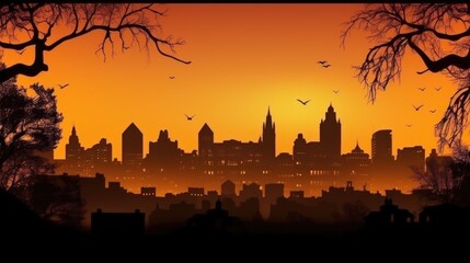 Naklejka premium Silhouette of City panorama in halloween style. Scary halloween isolated background. halloween scene horror, Orange and yellow background. Generative Ai