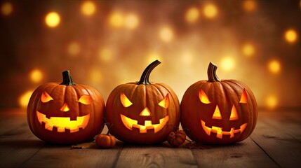 Halloween, Three halloween Jack O' Lantern pumpkins with copy space. Generative Ai