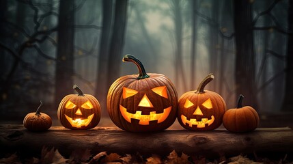 Halloween pumpkins on wood in a spooky forest at night with empty space. Scary halloween. Generative Ai