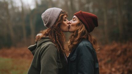 lesbian couple kissing at sunset Generative Ai - obrazy, fototapety, plakaty