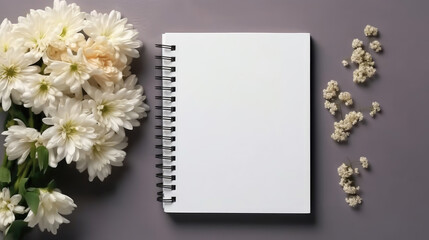 Top view of white blank notebook and flowers on the desk
