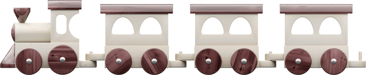 Toy wooden train with three empty cars side view 3D rendering