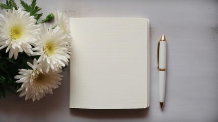 Top view of white blank notebook and flowers on the desk