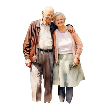 Watercolor Grandpa and Grandma are Standing Together Clipart PNG Sublimation isolated on Transparent Background.