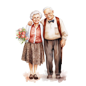 Watercolor Grandpa and Grandma are Standing Together Clipart PNG Sublimation isolated on Transparent Background.