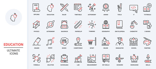 School and university technology stationery student to study, knowledge from books, encyclopedia ebook, science sport symbols. Education trendy red black thin line icons set vector illustration.