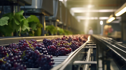 Grapes on conveyor belt, wine factory