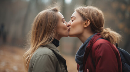 Fototapeta premium Lesbian Couple Kissing Generative Ai
