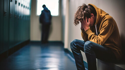 Teenage boy bullying sitting by locker against school corridor. Generative AI - obrazy, fototapety, plakaty