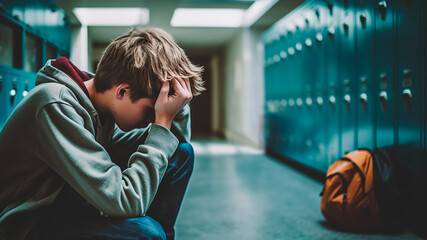 Upset boy sitting at school corridor and crying after bullying. Generative AI - obrazy, fototapety, plakaty