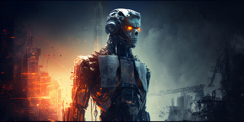Cyborg robot in a futuristic cyberspace, blending artificial intelligence and human elements. Generative Ai - 621962959