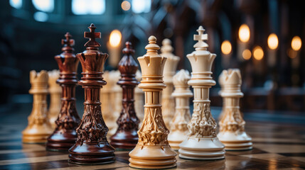 Closeup chess pieces on a chessboard