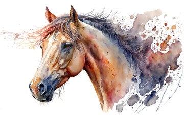Beautiful brown horse portrait isolated on white, watercolor illustration, generative AI