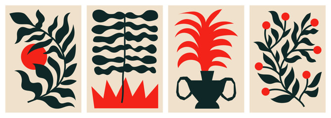 Boho posters designs. Abstract wall art with organic and irregular shapes. Contemporary artworks with creative and floral elements. Interior decorations set. Black and red flat vector illustrations