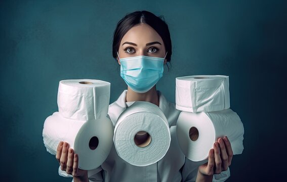 Front view of woman with medical mask holding multiple toilet paper rolls. Created with Generative AI technology.