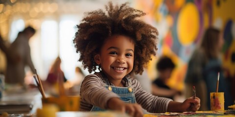 Portrait of a gorgeous little cute african american girl holding a paintbrush and working on a painting for art class, generative ai - obrazy, fototapety, plakaty