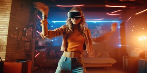 Cheerful stylish female in vr headset stretching out arms and smiling while dancing in cyberspace in home background, generative ai