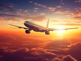 Naklejka na ściany i meble Über den Wolken: Ein Flugzeug schwebt im zauberhaften Sonnenuntergang