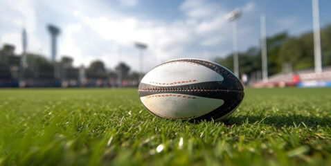 Closeup and Focus on a Rugby ball put in the Grass of a Playground field with Stadium Background - AI generated