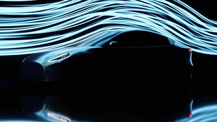 Electric vehicle aerodynamics test in wind tunnel, modern concept car engineering design for better speed performance, automotive physics smoke flow laboratory 3d