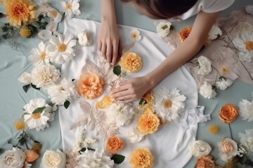 A seamstress girl decorates a dress with flowers, top view.