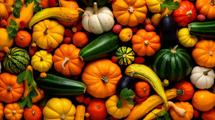 Autumn vegetables food thanksgiving background banner - Top view lots of colorful orange fresh green Hokkaido squash pumpkin ( cucurbita maxima ), edible pumpkins, Generative Ai - obrazy, fototapety, plakaty