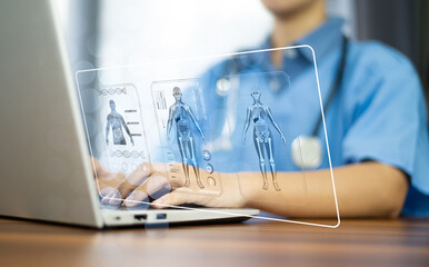 Doctor using computer for treatment and data record patient on digital document management. Doctor...