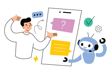 Ai chat application. Conversation with artificial intelligence. Robot helps human answer question. Online support, customer service. Man asks bot, hand drawn composition. Vector illustration