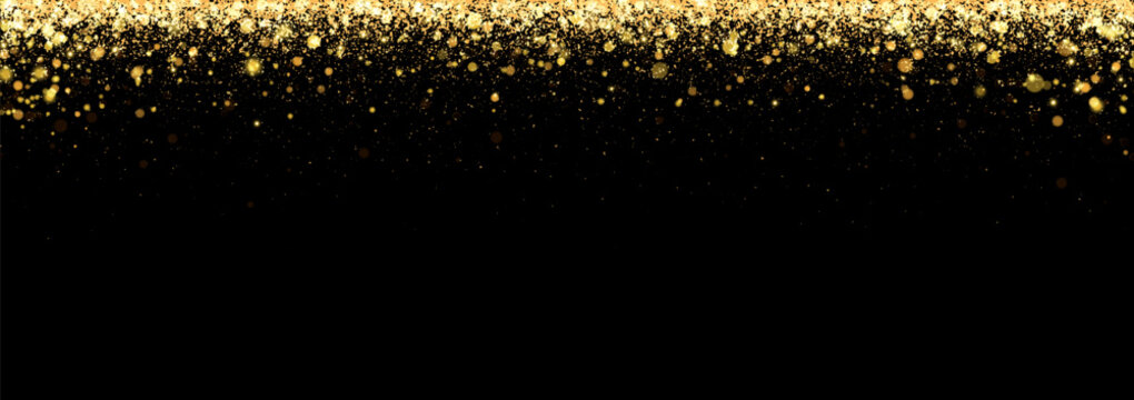 Festive vector background with gold glitter and confetti for christmas celebration. Black background with glowing golden particles.