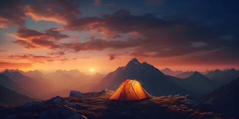 camping tent high in the mountains at sunset. banner with copy space. generative AI