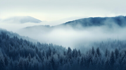 Amazing mystical rising fog sky forest snow snowy trees landscape snowscape in black forest ( Schwarzwald ) winter, Germany panorama banner - mystical snow mood, Generative Ai